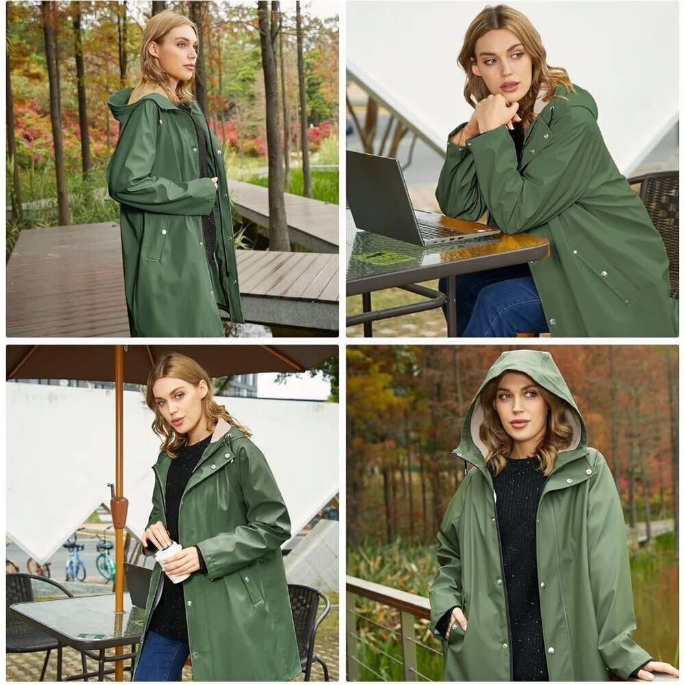 Women Green Fleece Long Hooded Waterproof Rain Windbreaker Trench Coat Outdoor - Picture 5 of 6